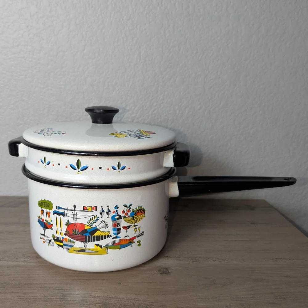 Georges Briard Enamel Ware Double Boiler Turkey Dinner Pattern
